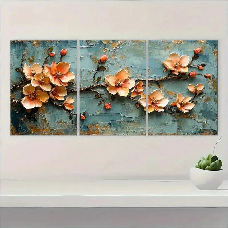 3pcs Golden Leaf Blossom Floral Golden Perfect Wall Art Set Canvas Framed 40x60cm - High Quality Print 100% Australian Made Wall Canvas Ready to Hang