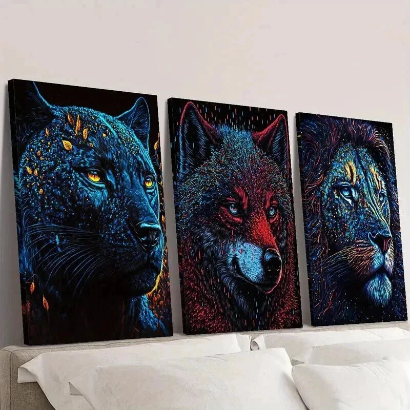 3pcs Panther Wolf & Lion Neon Jungle Beast Wall Art Set Canvas Framed 40x60cm - High Quality Print 100% Australian Made Wall Canvas Ready to Hang
