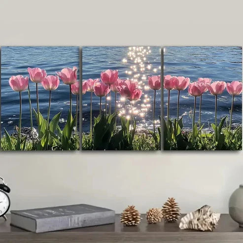 3pcs Pink Tulip Blue Water Colorful Perfect Wall Art Set Canvas Unframed - High Quality Print 100% Australian Made Wall Canvas