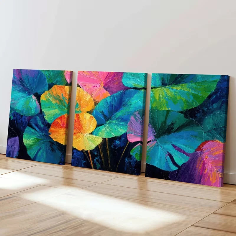 3pcs Colorful Lotus Leaves Abstract Design  Wall Art Set Canvas Framed 40x60cm - High Quality Print 100% Australian Made Wall Canvas Ready to Hang - Bella Home Decor