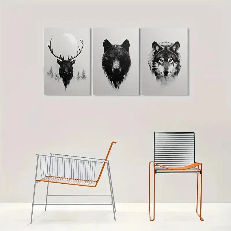 3pcs Deer Bear Wolf Modern Black and White Metal Print Ready to Hang Art - Bella Home Decor