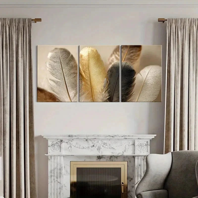 3pcs Feathers Golden Silvery Black White Decor Wall Art Set Canvas Framed 50x70cm - High Quality Print 100% Australian Made Wall Canvas Ready to Hang