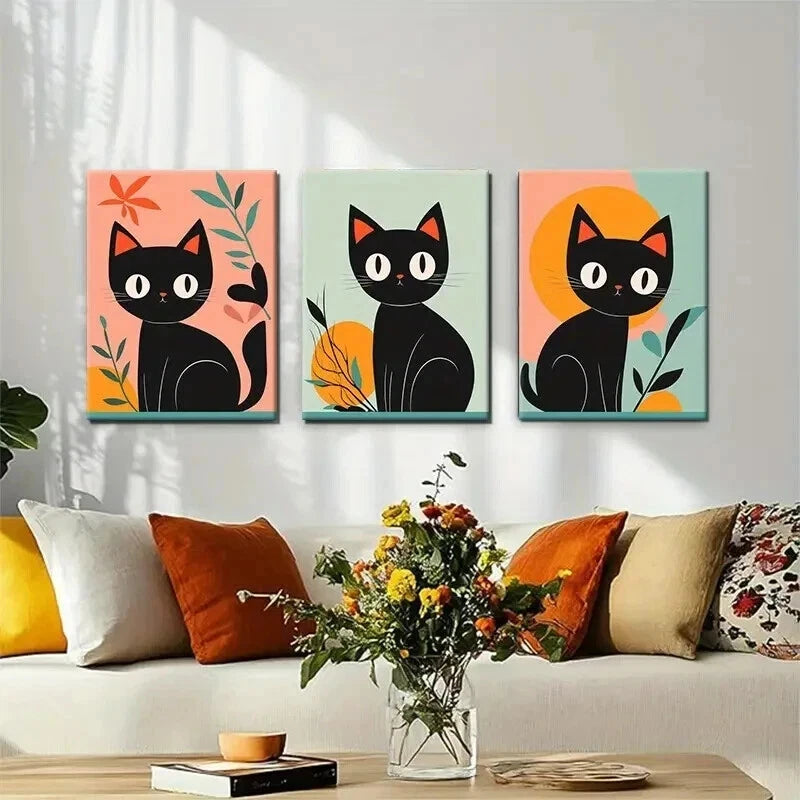 3pcs Adorable Black Cat Aesthetic Color Perfect Wall Art Set Canvas Framed 50x70cm - High Quality Print 100% Australian Made Wall Canvas Ready to Hang - Bella Home Decor
