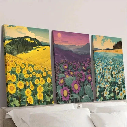 3pcs Flower Fields with Mountain & Sky Wall Art Canvas Unframed - High Quality Print 100% Australian Made Wall Canvas - Bella Home Decor