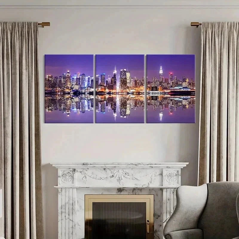 3pcs Night View Skyline & Buildings Wall Art Set Canvas Framed 50x70cm - High Quality Print 100% Australian Made Wall Canvas Ready to Hang