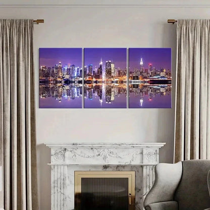 3pcs Night View Skyline & Buildings Wall Art Set Canvas Framed 50x70cm - High Quality Print 100% Australian Made Wall Canvas Ready to Hang