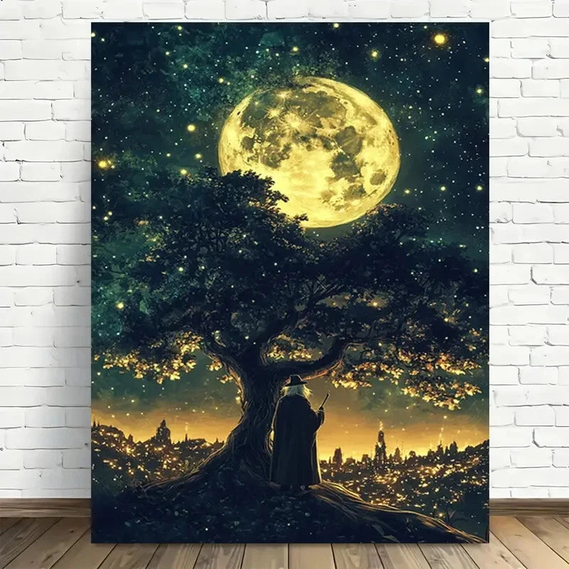 Beautiful Mystical Full Moon Night Elegant Painting 40x60cm Metal Print Ready to Hang - Bella Home Decor