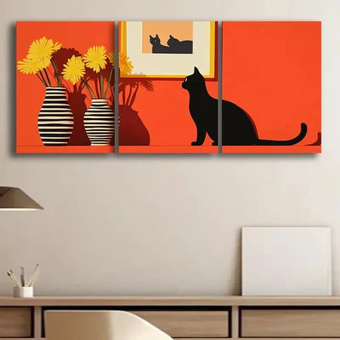 3pcs Black Cat and Yellow Daisy Modern Perfect Wall Art Set Canvas Unframed - High Quality Print 100% Australian Made Wall Canvas