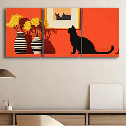3pcs Black Cat and Yellow Daisy Modern Perfect Wall Art Set Canvas Unframed - High Quality Print 100% Australian Made Wall Canvas