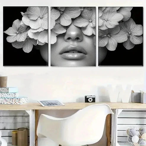 3pcs Black & White Woman with Flowers Design Art Set Canvas Unframed - High Quality Print 100% Australian Made Wall Canvas - Bella Home Decor