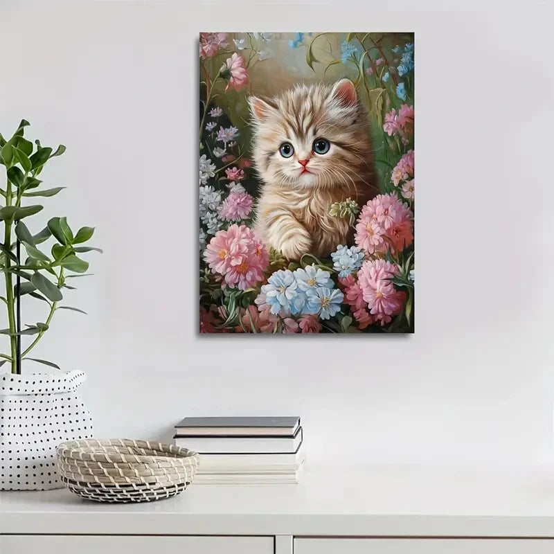 Cute Persian Kitten & Floral Botanical Painting 40x60cm Metal Print Ready to Hang - Bella Home Decor