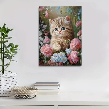 Cute Persian Kitten & Floral Botanical Painting 40x60cm Metal Print Ready to Hang - Bella Home Decor