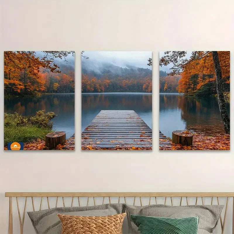 3pcs Autumn Leaves On A Misty Lake  Wall Art Set Canvas Framed 50x70cm - High Quality Print 100% Australian Made Wall Canvas Ready to Hang - Bella Home Decor
