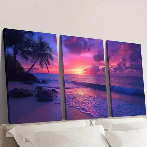 3pcs Palm Trees Ocean Beach & Sunset Wall Art Canvas Unframed - High Quality Print 100% Australian Made Wall Canvas