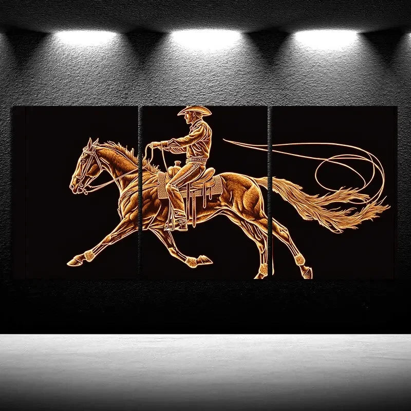 3pcs A Man Riding a Horse Golden Themed Metal Print Ready to Hang Art - Bella Home Decor