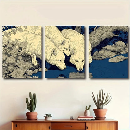 3pcs Wolves Drinking Spring Water Metal Print Ready to Hang Art