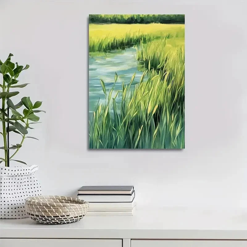 Beautiful Emerald Water Grass Meadow Painting 40x60cm Metal Print Ready to Hang - Bella Home Decor