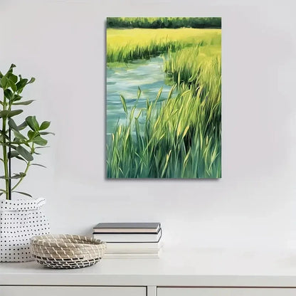 Beautiful Emerald Water Grass Meadow Painting 40x60cm Metal Print Ready to Hang - Bella Home Decor