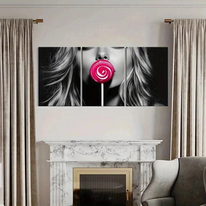 3pcs Beautiful Woman Kissing Lollipop Wall Art Set Canvas Framed 40x60cm - High Quality Print 100% Australian Made Wall Canvas Ready to Hang - Bella Home Decor