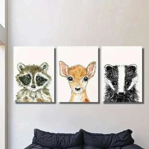 3pcs Baby Raccoon Cute Deer and Badger Wall Art Set Canvas Unframed - High Quality Print 100% Australian Made Wall Canvas - Bella Home Decor