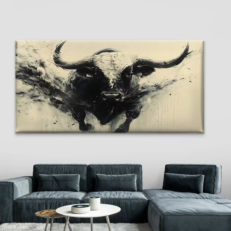 Abstract Black Bull Splash Wall Art Canvas Office Home Room Framed 120x60cm