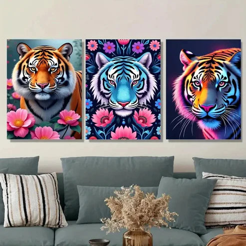 3pcs Vibrant Tiger Modern Picture Wall Art Set Canvas Unframed - High Quality Print 100% Australian Made Wall Canvas
