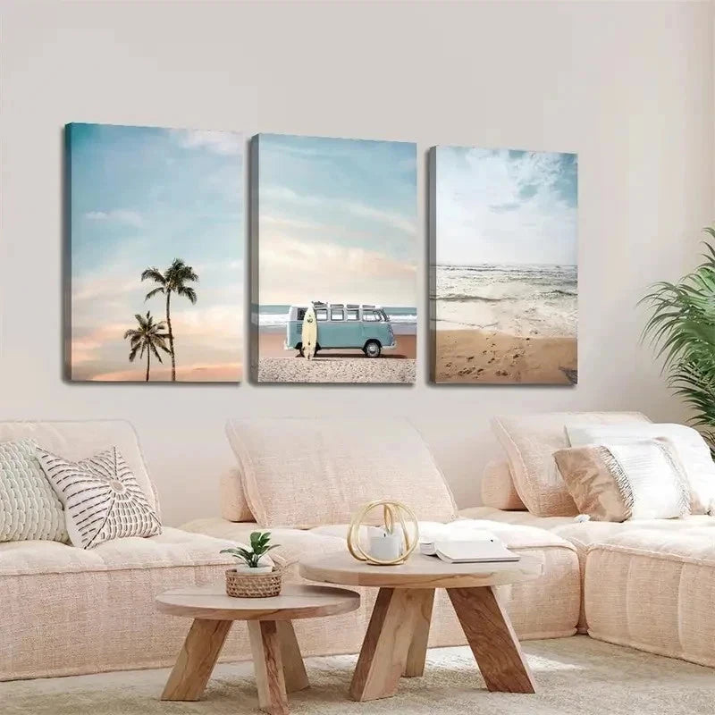 3pcs Turquoise Trucks Palm Trees Perfect Wall Art Set Canvas Framed 50x70cm - High Quality Print 100% Australian Made Wall Canvas Ready to Hang