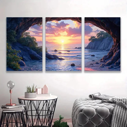 3pcs Meili Cave Seascape Sunset Triptych   Wall Art Set Canvas Framed 50x70cm - High Quality Print 100% Australian Made Wall Canvas Ready to Hang