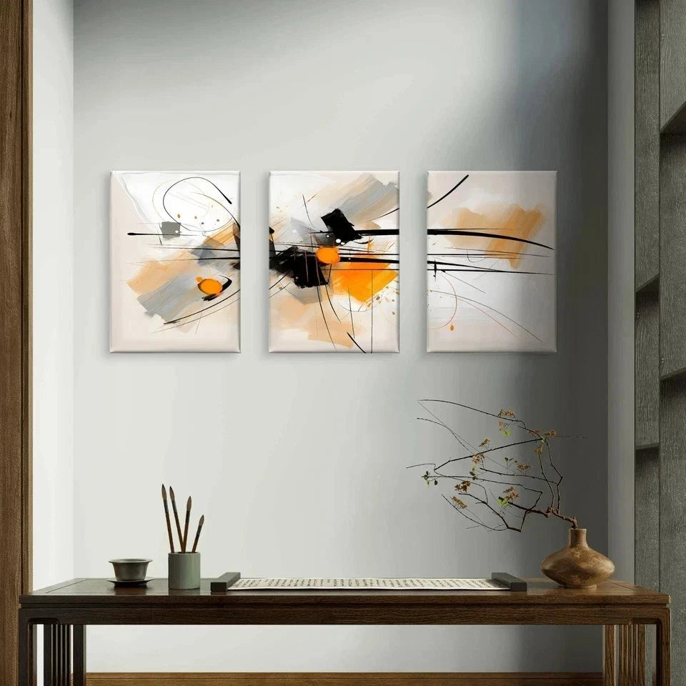 3pcs Bold Orange, Black, and Neutral Abstract Wall Art Set Canvas Framed 50x70cm - High Quality Print 100% Australian Made Wall Canvas Ready to Hang