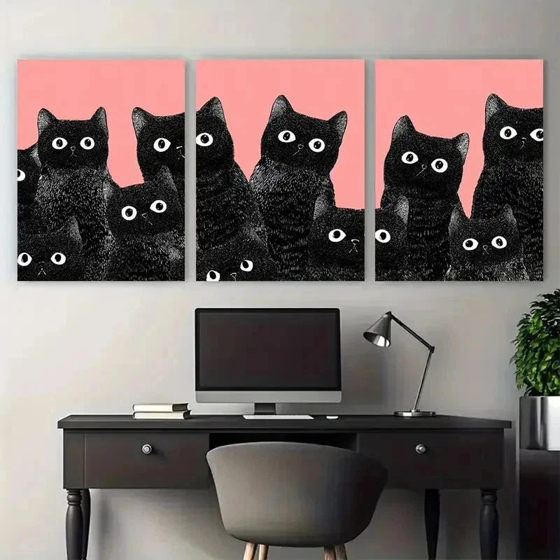 3pcs Black Cat Aesthetic Pink Animal Perfect Wall Art Set Canvas Framed 50x70cm - High Quality Print 100% Australian Made Wall Canvas Ready to Hang - Bella Home Decor