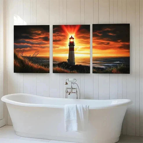 3pcs Lighthouse Warm Sunset Glow Ocean Perfect Wall Art Canvas Unframed - High Quality Print 100% Australian Made Wall Canvas