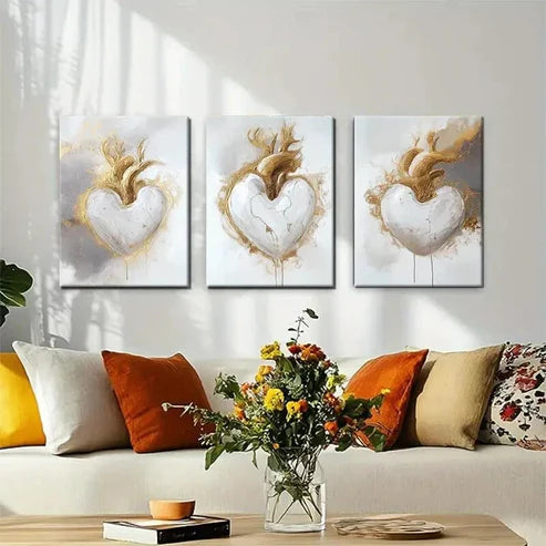 3pcs Modern Abstract Golden Heart White Perfect Wall Art Canvas Unframed - High Quality Print 100% Australian Made Wall Canvas