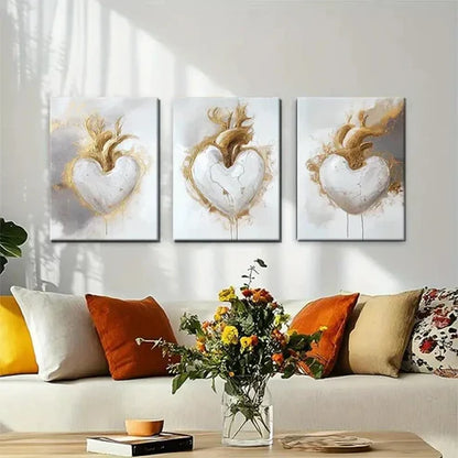 3pcs Modern Abstract Golden Heart White Perfect Wall Art Canvas Unframed - High Quality Print 100% Australian Made Wall Canvas