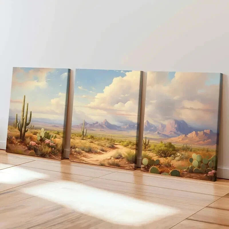 3pcs Cactus Mountain Desert Vintage Wall Art Set Canvas Framed 40x60cm - High Quality Print 100% Australian Made Wall Canvas Ready to Hang - Bella Home Decor