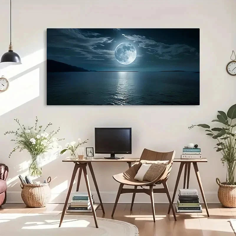 Bright Moon Over The Sea Wall Art Canvas Office Home Room Framed 120x60cm - Bella Home Decor