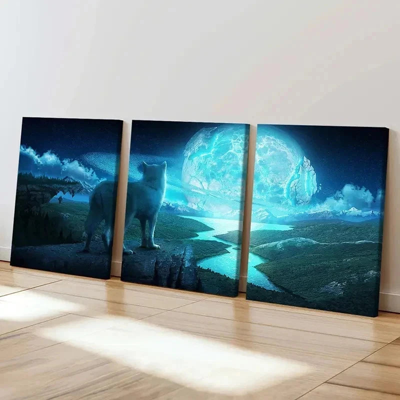 3pcs Plains Under Full Moon and Wolf Wall Art Set Canvas Framed 40x60cm - High Quality Print 100% Australian Made Wall Canvas Ready to Hang - Bella Home Decor