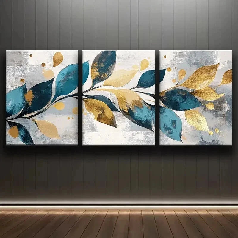 3pcs Abstract Leaves Golden And Teal Wall Art Set Canvas Framed 40x60cm - High Quality Print 100% Australian Made Wall Canvas Ready to Hang - Bella Home Decor