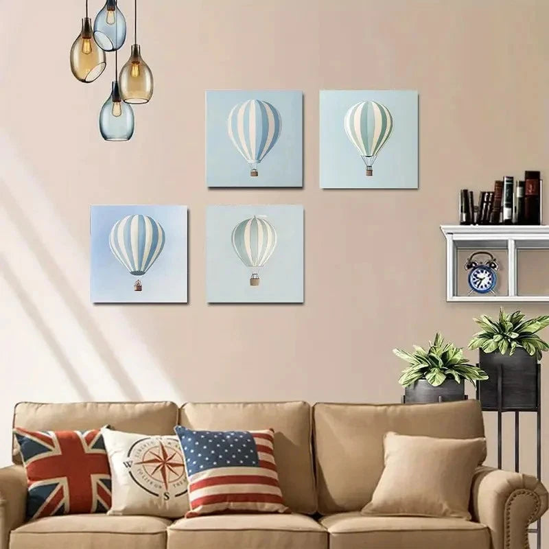 4pcs Blue Hot Air Balloon Theme Wall Art Canvas Framed