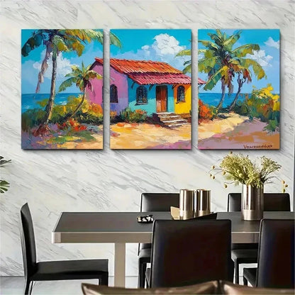 3pcs Mexican House Original Oil Painting Perfect Wall Art Set Canvas Framed 50x70cm - High Quality Print 100% Australian Made Wall Canvas Ready to Hang