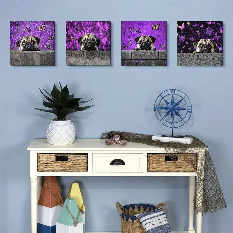 4pcs Cute pugs and butterfliesWall Art Canvas Framed