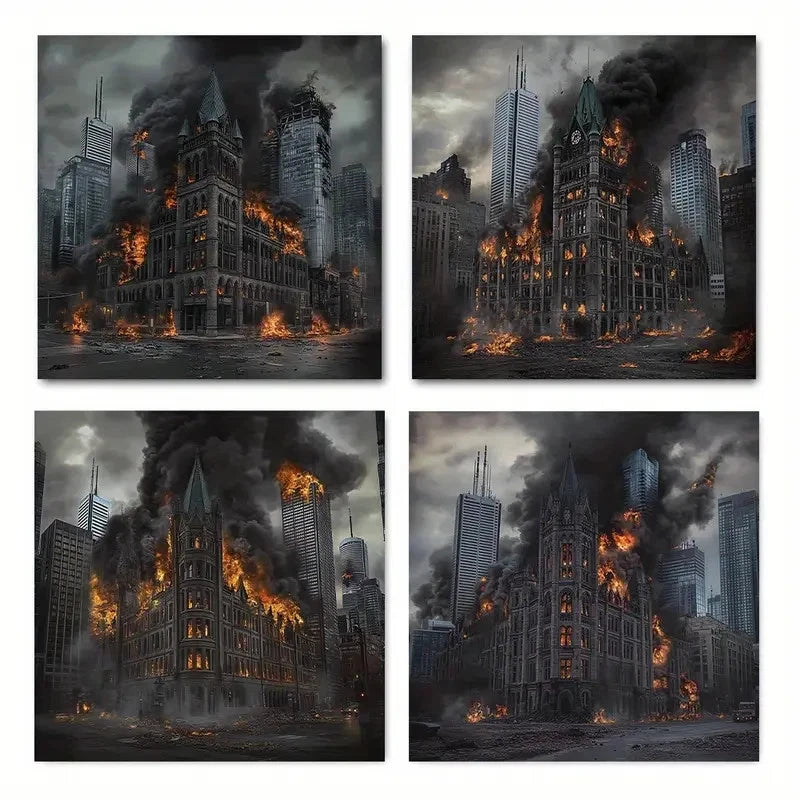 4pcs Fire-Ravaged Cityscape with DramaticWall Art Canvas Framed