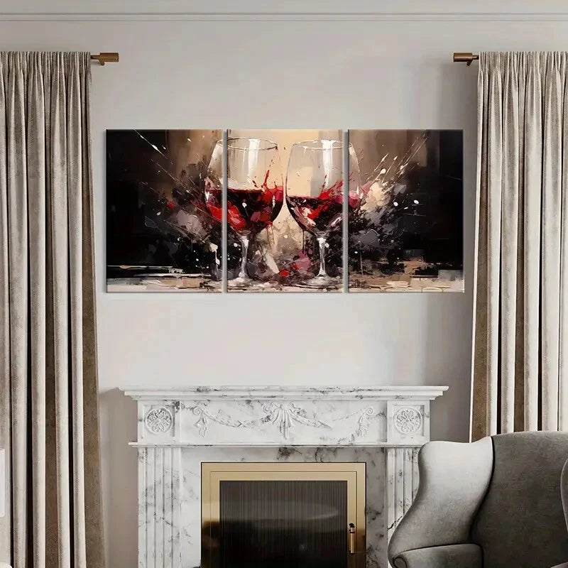 3pcs Abstract Red Wine Glasses Winery Metal Print Ready to Hang Art - Bella Home Decor