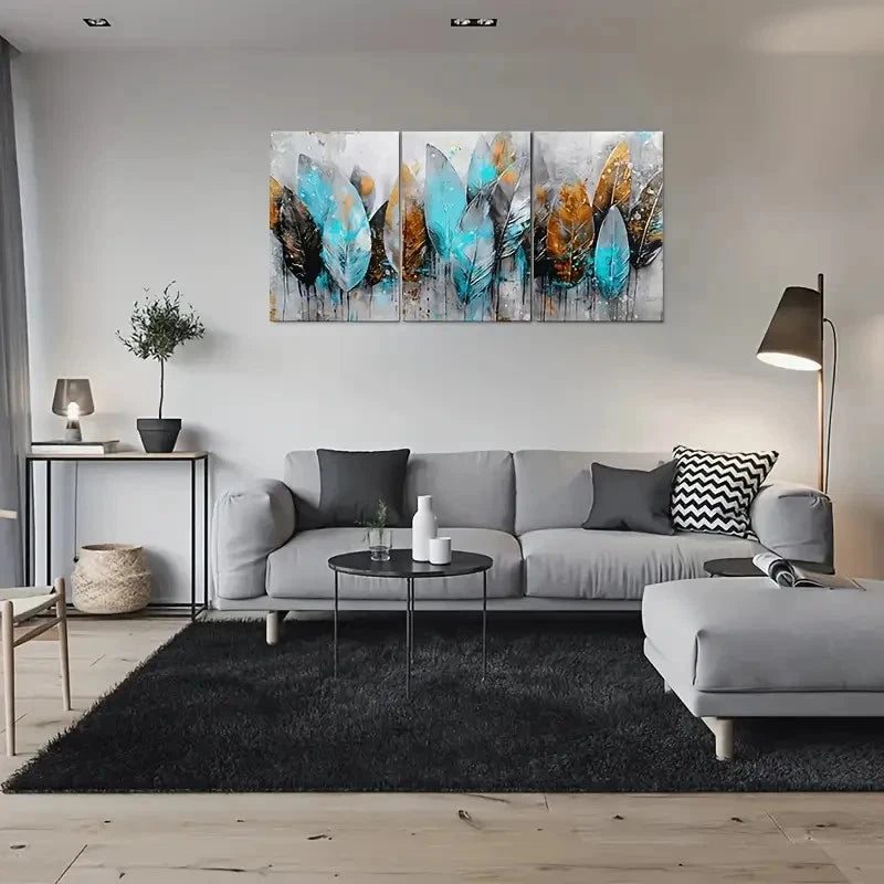 3pcs Abstract Feather Blue and Brown Wall Art Set Canvas Framed 60x90cm - High Quality Print 100% Australian Made Wall Canvas Ready to Hang