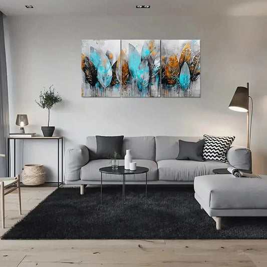 3pcs Abstract Feather Blue and Brown Wall Art Set Canvas Framed 60x90cm - High Quality Print 100% Australian Made Wall Canvas Ready to Hang