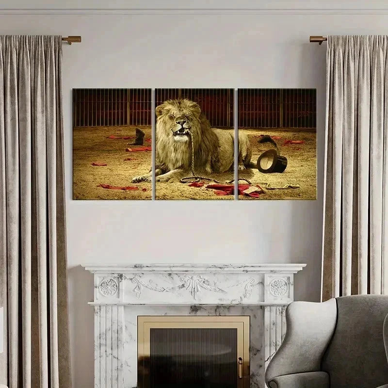 3pcs Lion in a Circus Show Modern Wall Art Set Canvas Framed 40x60cm - High Quality Print 100% Australian Made Wall Canvas Ready to Hang - Bella Home Decor