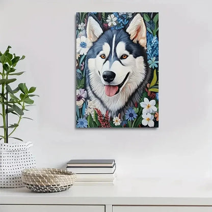 Flowers And Plants Cute Alaskan Malamute Dog Painting 40x60cm Metal Print Ready to Hang