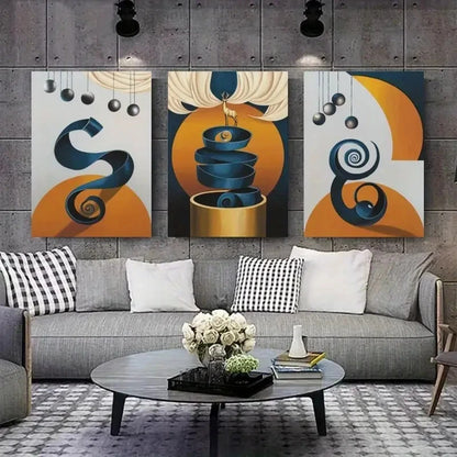 3pcs  Abstract Sculpture Blue, Orange & Golden  Wall Art Set Canvas Framed 60x90cm - High Quality Print 100% Australian Made Wall Canvas Ready to Hang - Bella Home Decor