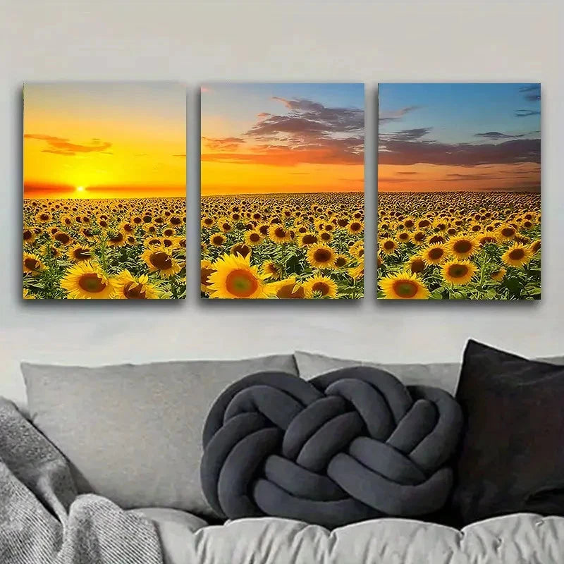 3pcs Sunrise Sunflower Field Wall Art Set Canvas Framed 60x90cm - High Quality Print 100% Australian Made Wall Canvas Ready to Hang