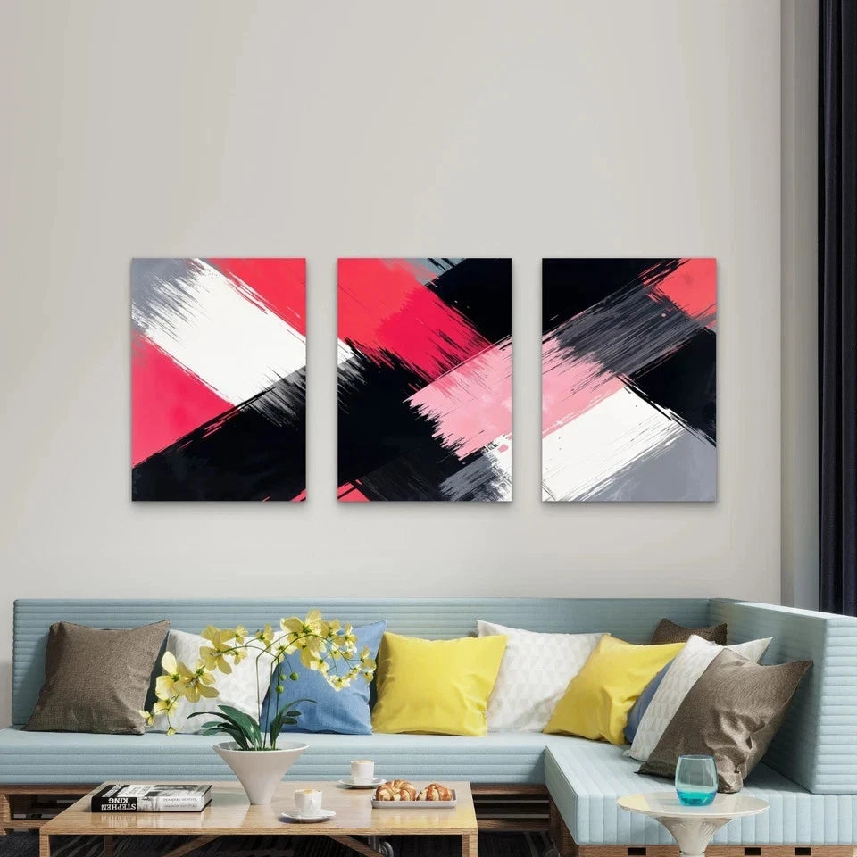 3pcs Bold Pink Black White Abstract Wall Art Set Canvas Framed 40x60cm - High Quality Print 100% Australian Made Wall Canvas Ready to Hang - Bella Home Decor