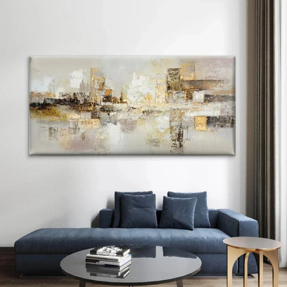 Abstract City Golden & Neutral Wall Art Canvas Office Home Room Framed 120x60cm
